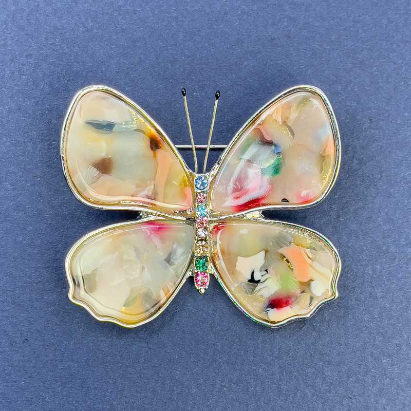 Брошка Метелик різнокольорові стрази Халіотіс сріблястий метал d-44мм+- L-38мм+-, фото 1