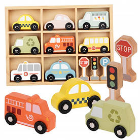 КОМПЛЕКТ ДЕРЕВ'ЯНИХ ТРАНСПОРТНИХ ЗАСОБІВ І ДОРОЖНІХ ЗНАКІВ TooKY TOY