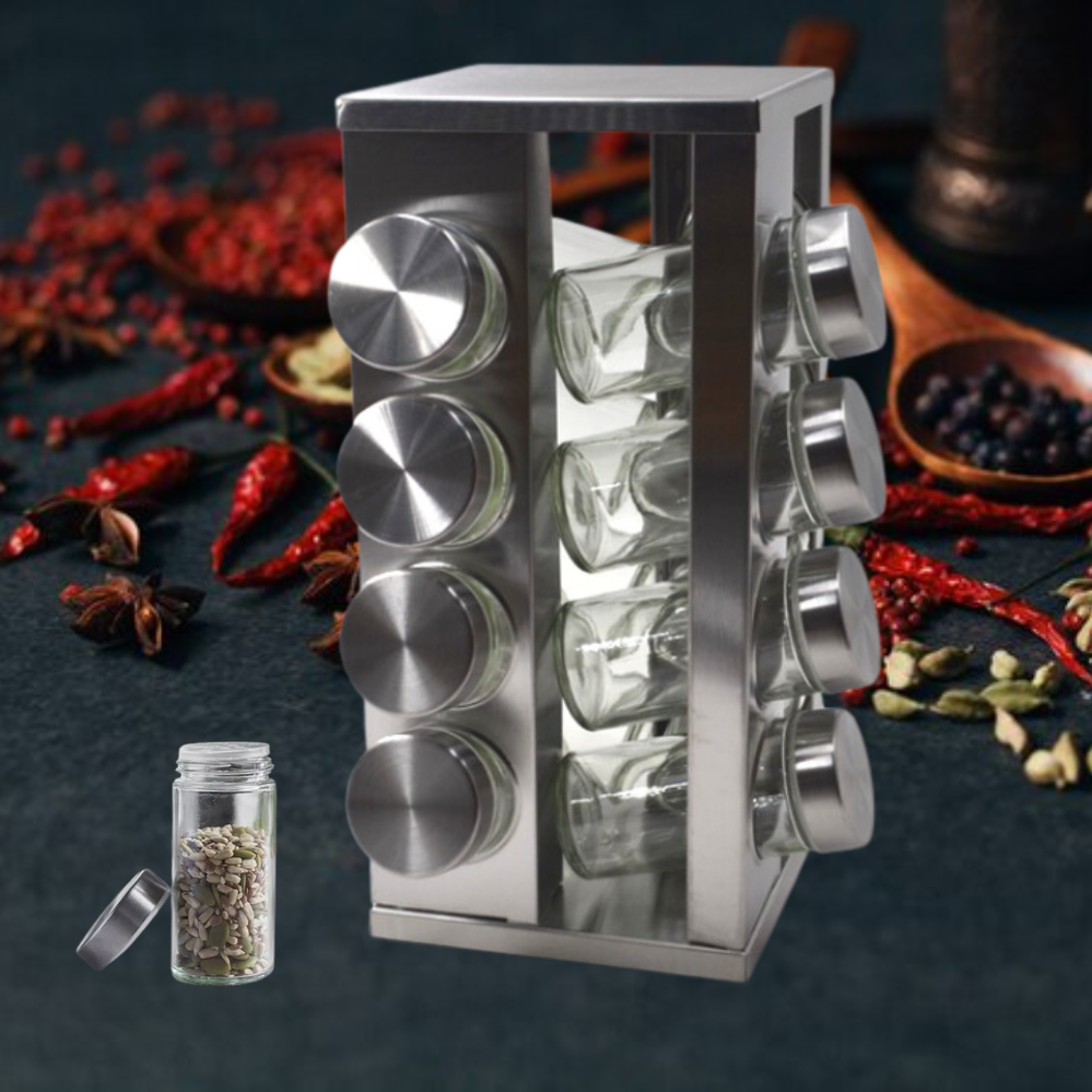 Набір для спецій на квадратній обертовій підставці Spice Carousel Для приправ з 16 скляними ємностями, фото 1