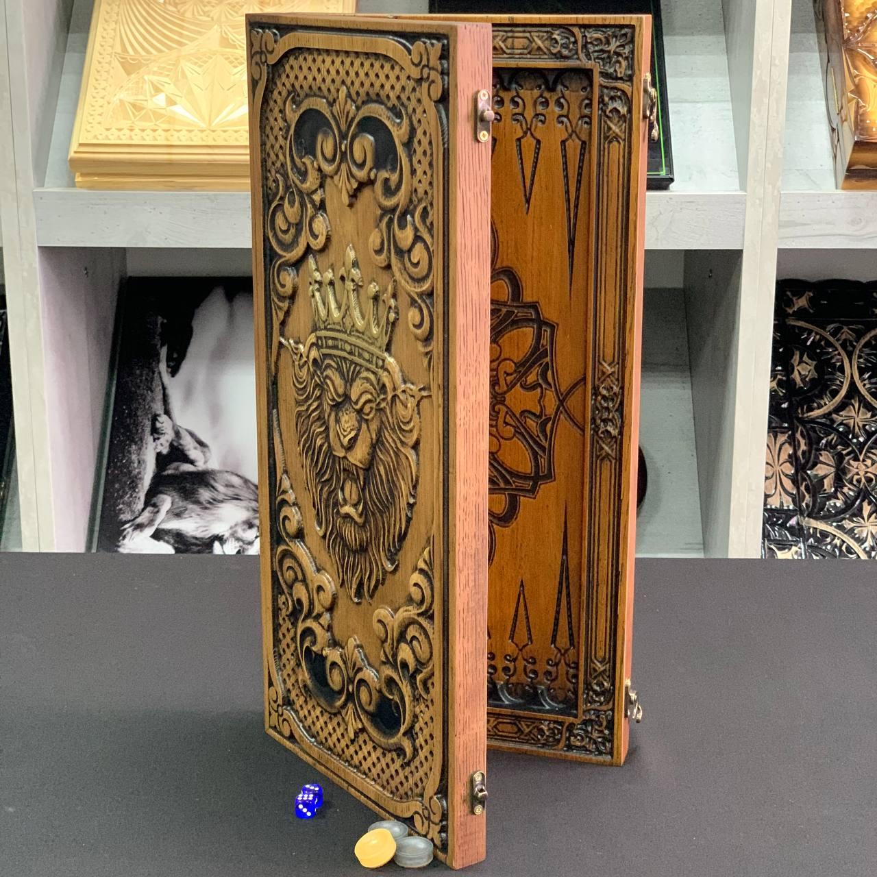 Нарди дерев'яні подарункові Лев з короною 46×23см, фото 1