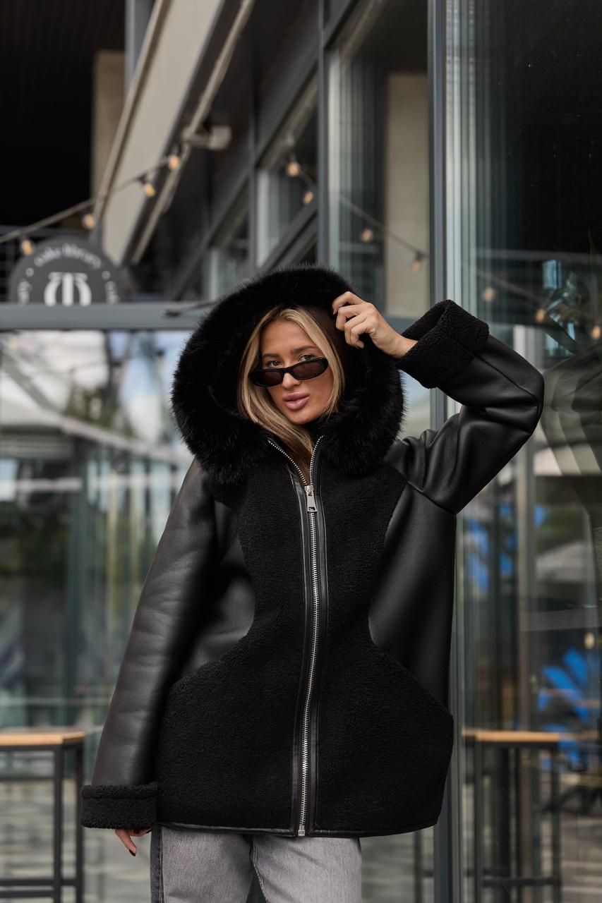 Комбінована дублянка з капюшоном прикрашеним еко хутром лисиці, фото 1