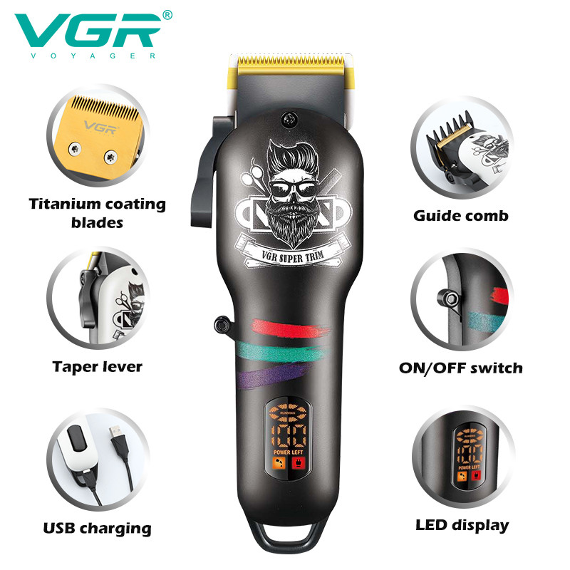 Акумуляторна машинка для стрижки (clipper) VGR V-699, 4 насадки, LED display