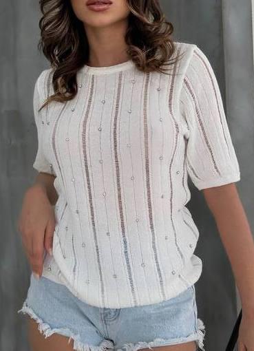 В'язана кофта з короткими рукавами (футболка) жіноча біла. One Size