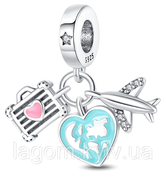 Срібний шарм-підвіска у стилі PANDORA Travel Charm 925 проба срібна намистна на браслет ПАНДОРА