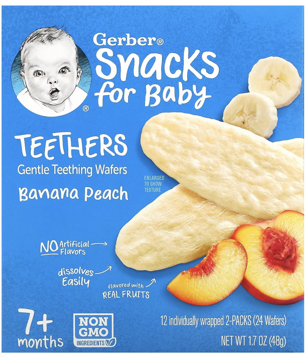 Вафлі для прорізування зубів Gerber Teethers wafers банан-персик з 7 місяців, 48 г, фото 1