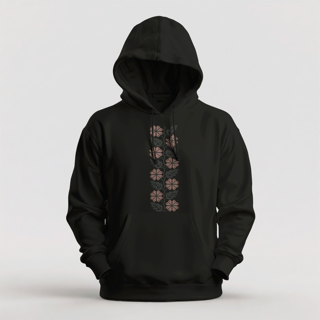 Худі жіноче унісекс утеплене з принтом ВИШИВКА ГІЛКА КВІТІВ РОЖЕВА чорне, фото 1