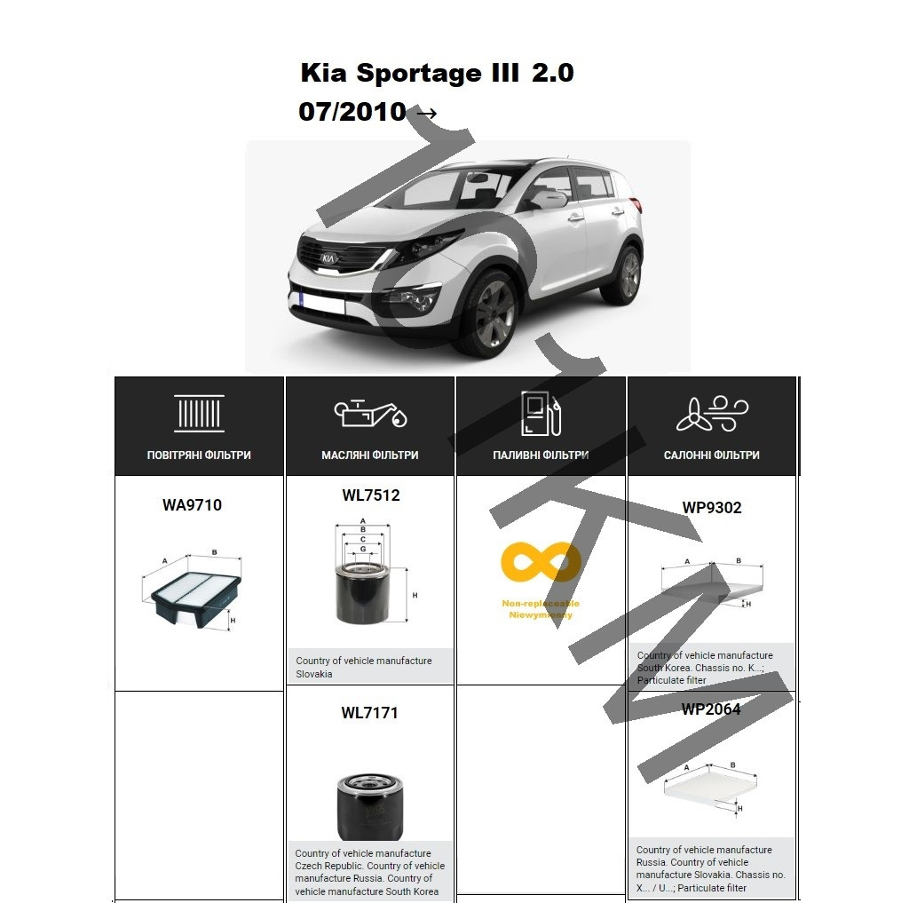 Комплект фільтрів KIA Sportage III 2.0 (2010-) WIX