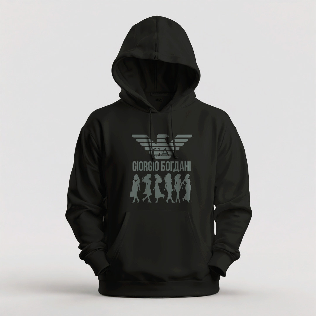 Худі жіноче унісекс утеплене Stedman з принтом GIORGIO БОГДАНІ чорне, фото 1