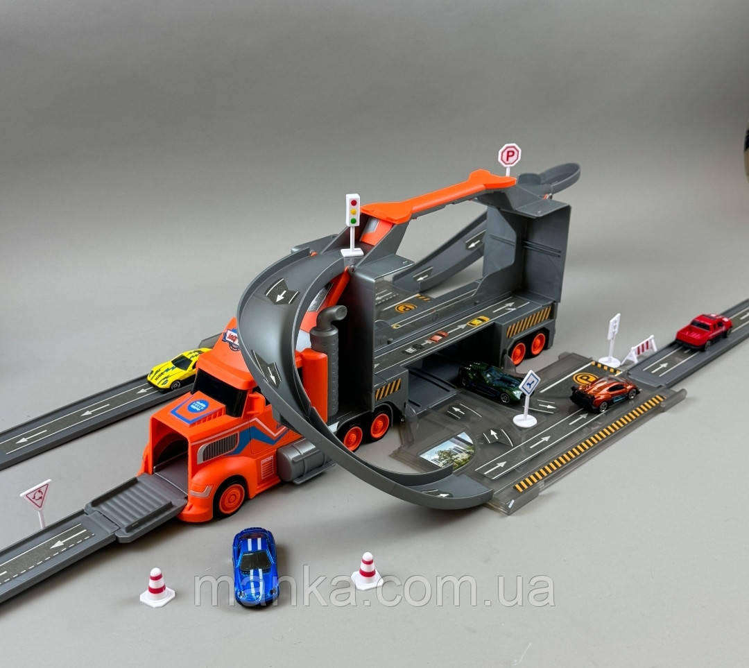 Трейлер з машинками паркінг поліція (4 машинки, вертоліт, 8 знаків, 7 елементів треку) XG879-112-113, фото 1