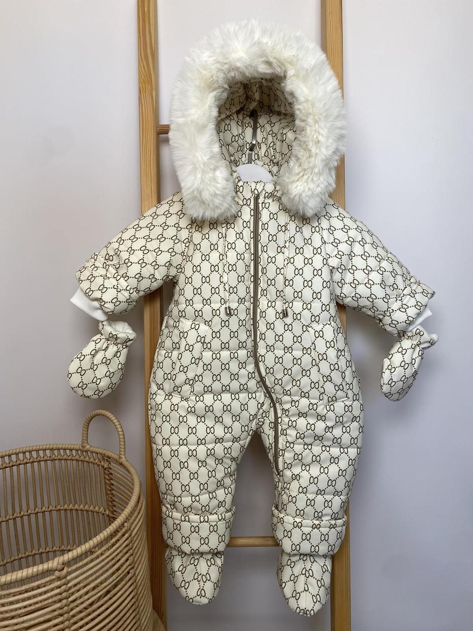 Зимовий дитячий теплий комбінезон з пінетками та рукавичками для новонароджених розмір 86
