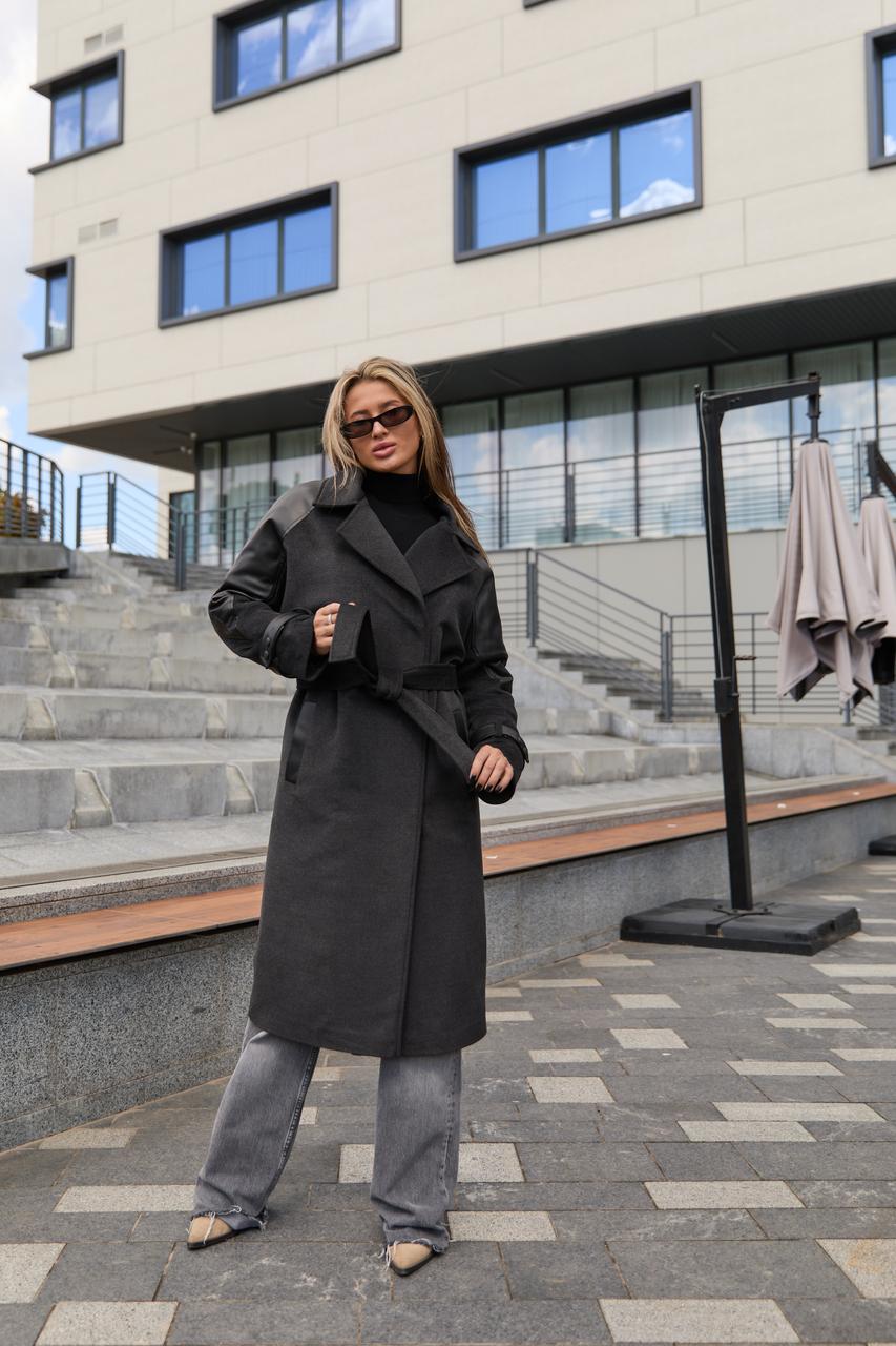 Демісезонне жіноче комбіноване утеплене довге пальто, фото 1