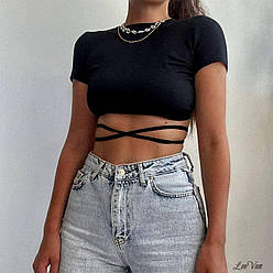 Крутий кроп-топ з відкритою спинкою на шнуровці