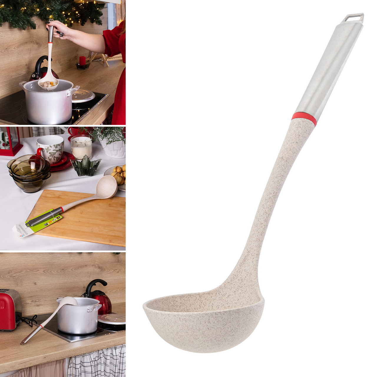 Ополоник половник керамічний під мармур із ручкою з нержавіючої сталі 35 см