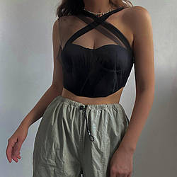 Чорний ефектно короткий топ з фатіном