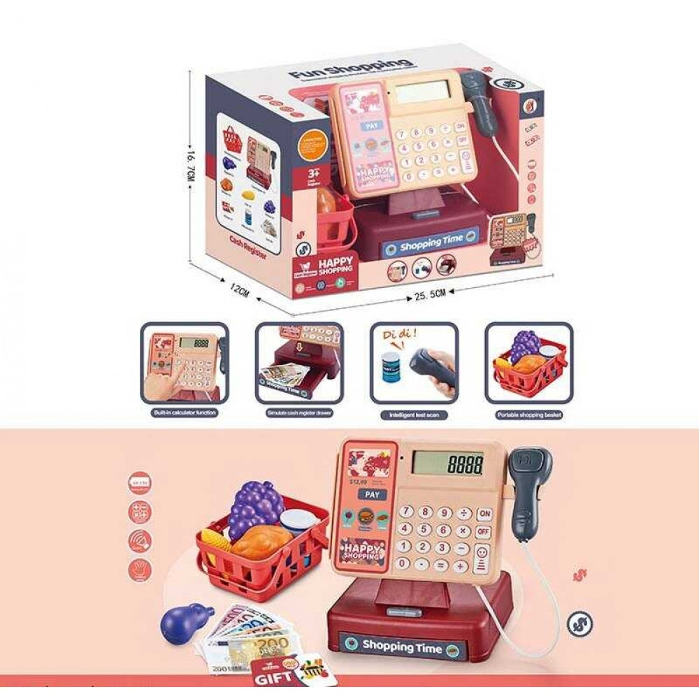 Касовий апарат дитячий 8888A, звук, сканер, калькулятор, кошик з продуктами, купюри, картка