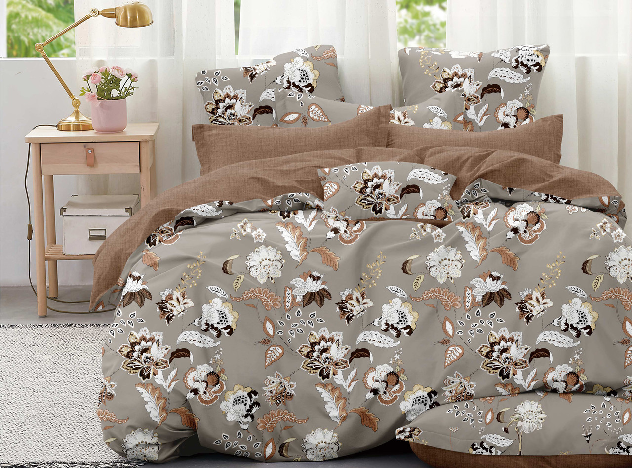 Постільна білизна Королева Ночі (Ранфорс) | Євро комплект | 50х70 | Квіти на бежевому та коричневому, фото 1