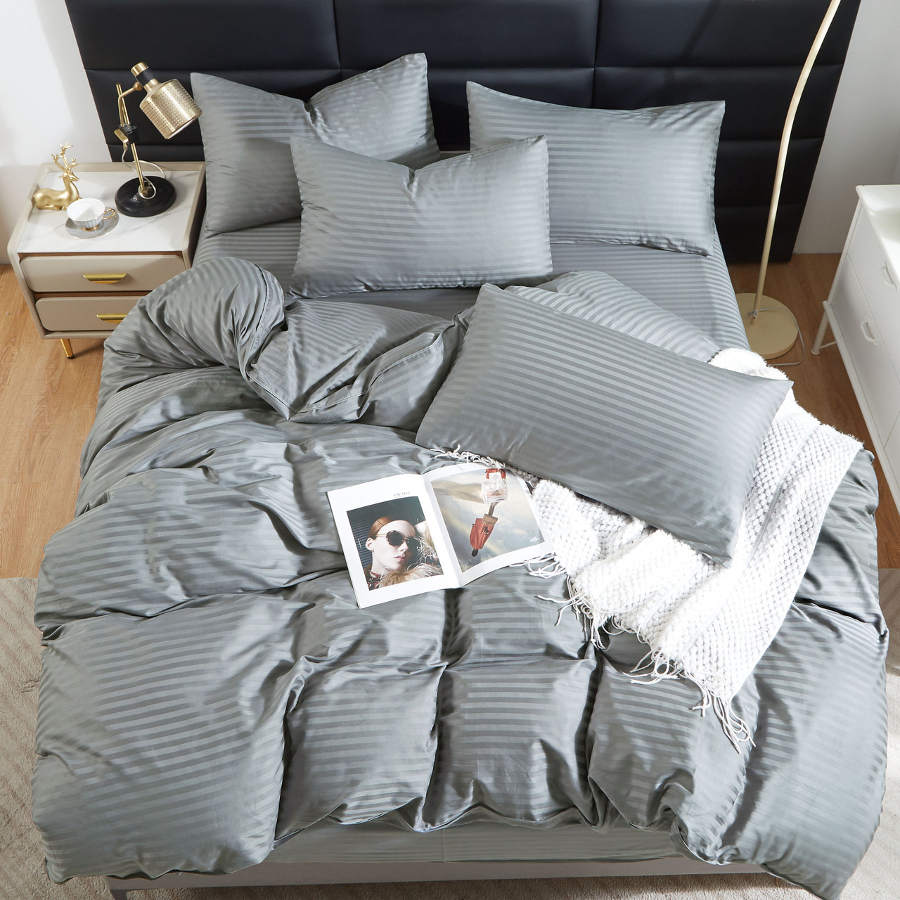 Наволочка на блискавці 70х70 (Страйп Сатин) | Від виробника "Королева Ночі" | Сірий страйп сатин, фото 1