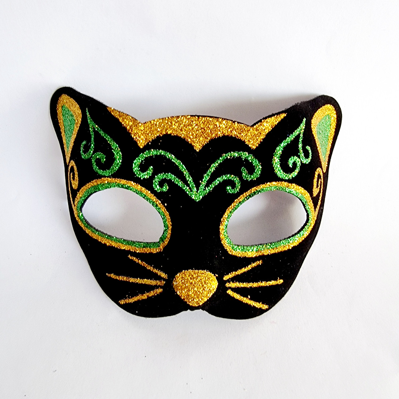 Маска кішки оксамитова з блискітками чорна №01, 19х14 см