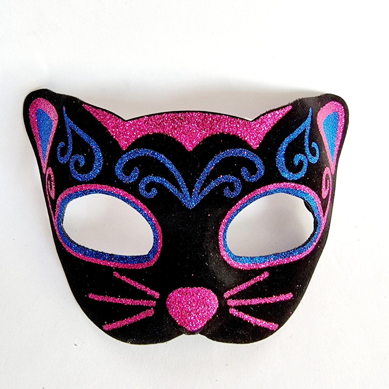 Маска кішки оксамитова з блискітками чорна №02, 19х14 см