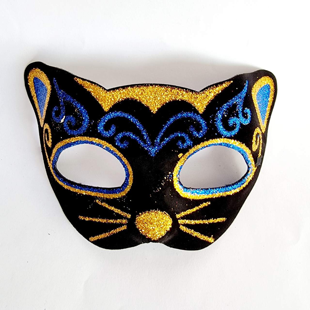 Маска кішки оксамитова з блискітками чорна №03, 19х14 см