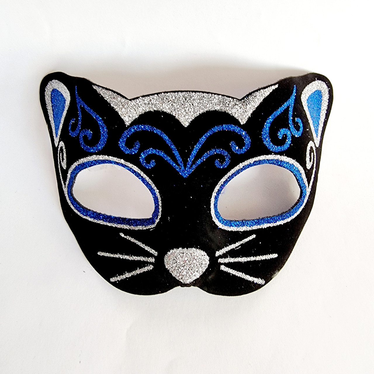 Маска кішки оксамитова з блискітками чорна №05, 19х14 см