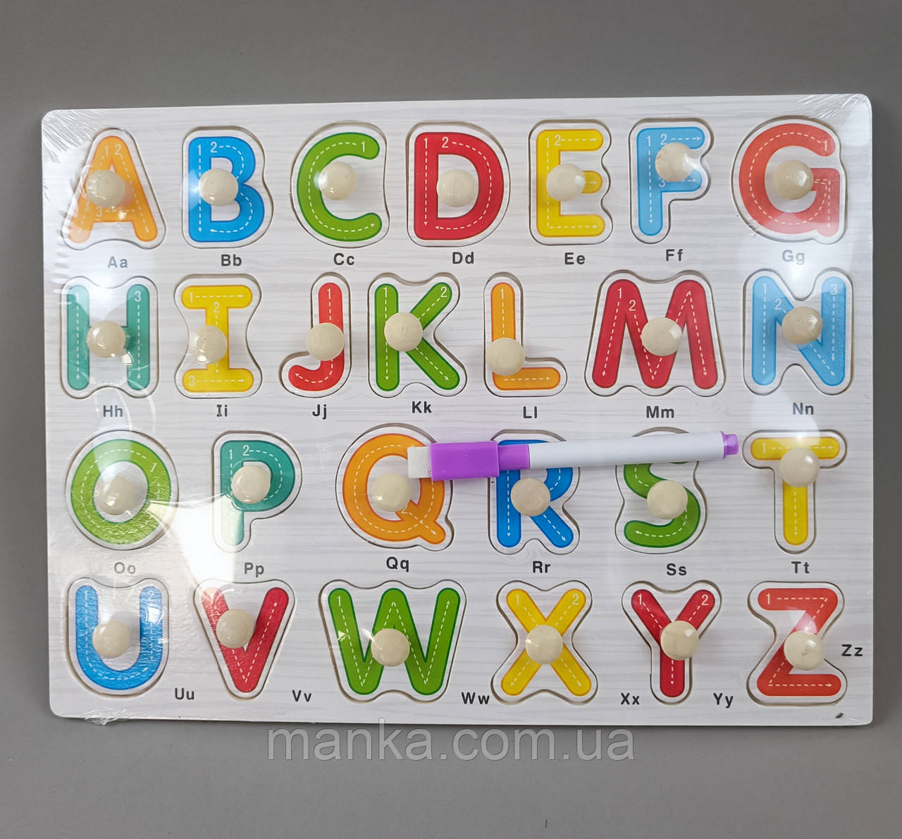 Дерев'яна рамка-вкладиш з ручкою-тримачем Пазли-вкладиші абетка англійська C 67047 2 в 1, дошка для малювання,, фото 1