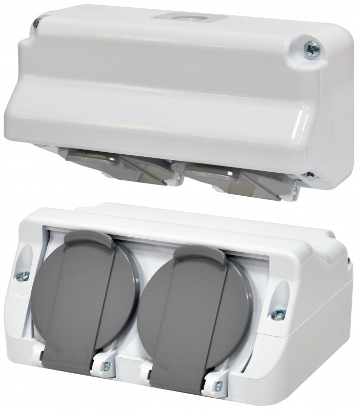 Розетка кутава ETI PRE-2 Schuko, IP44, 16A, поліcarbonate, 2 виходи, сірий