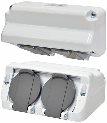 Розетка кутава ETI PRE-2 Schuko, IP44, 16A, поліcarbonate, 2 виходи, сірий, фото 1
