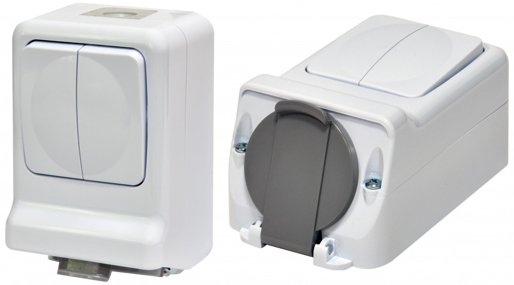 Вимикач і розетка ETI Мікс PRV-2, IP44, 16A, Schuko, полікарбонат, сірий