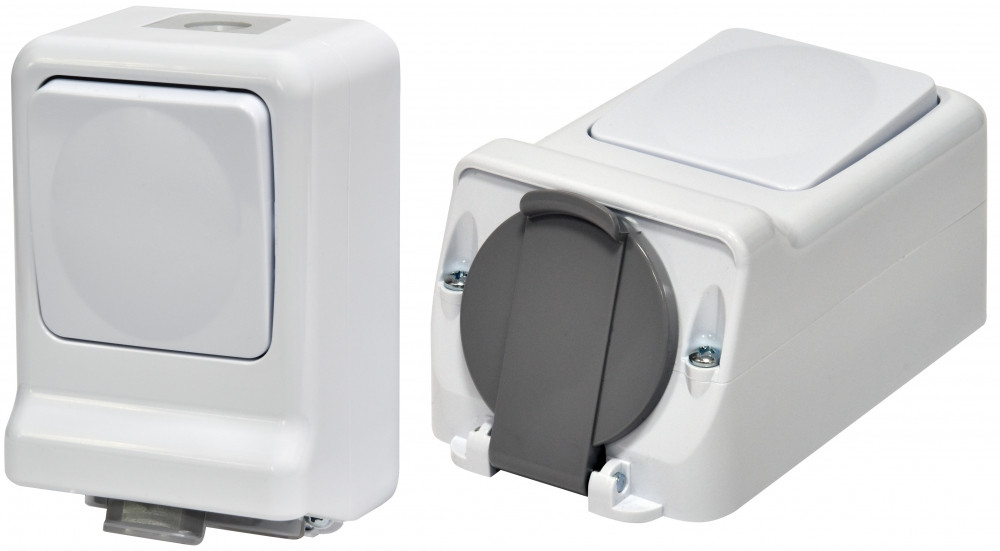 Мікс PRV-1: Пилевологостійкий вимикач + розетка Schuko IP44, 16A, ETI