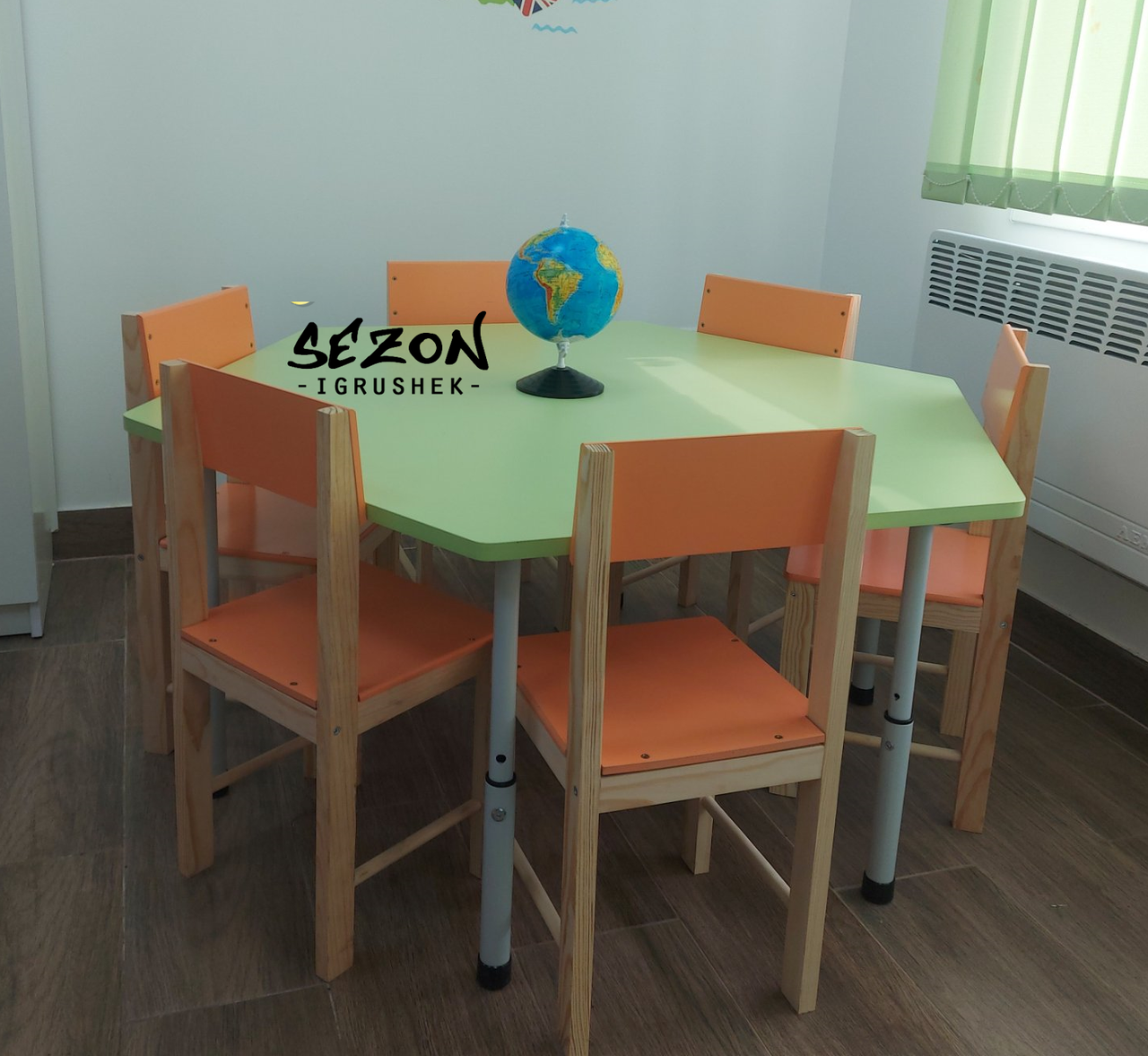 Дитячий шестимісний стіл із регулюванням висоти 1040х900 мм зі стільцями 6 шт ST-014-2, фото 1
