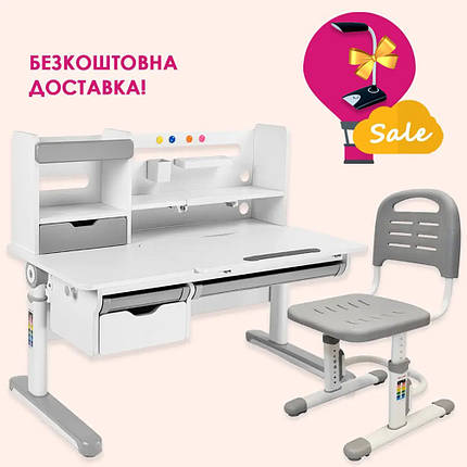 Комплект парта стіл із надбудовою Fundesk Pensare Grey + крісло FunDesk SST3LS Grey для школяра, фото 1