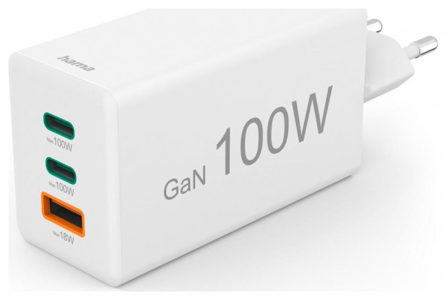 Hama mini 100W GaN PD/QC 2x USB-C, 1x USB-A White, фото 1