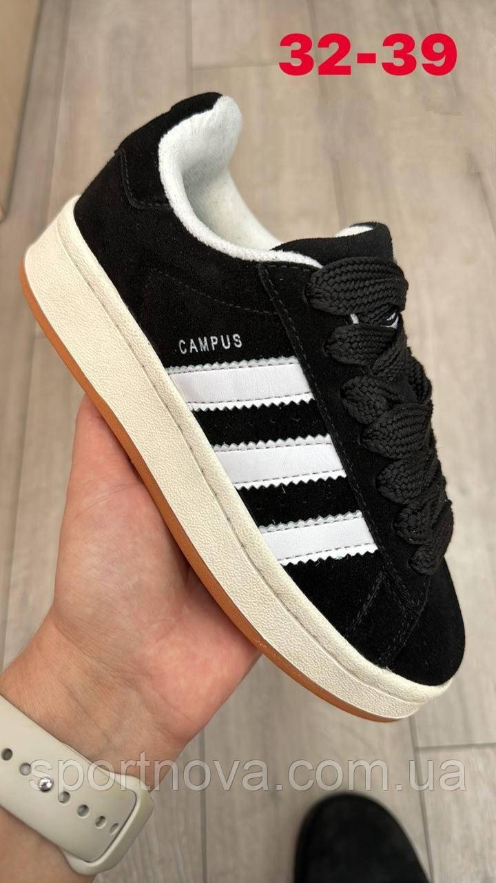 Жіночі підліткові кросівки демісезон Adidas Campus чорні замша з білим р 32-39, фото 1