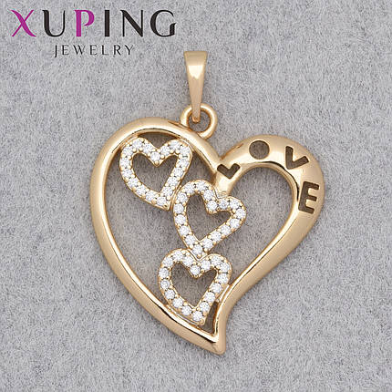Кулон женский Xuping Jewelry медицинское золото 18К сердечко с стразами и надписью размер изделия 27х25 мм, фото 1
