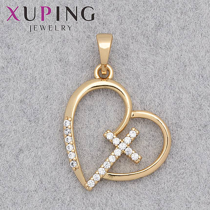 Кулон женский Xuping Jewelry медицинское золото 18К сердечко с крестиком в стразах размер изделия 20х18 мм, фото 1