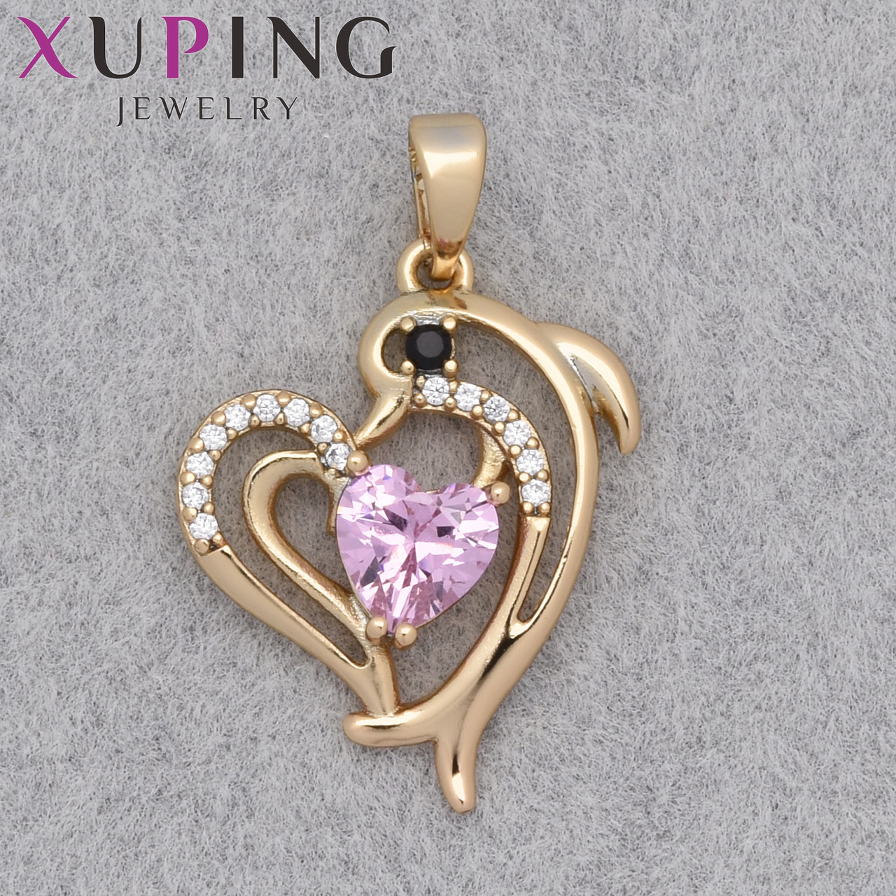 Кулон женский Xuping Jewelry медицинское золото 18К сердечко дельфинчики с камушками размер изделия 20х17 мм