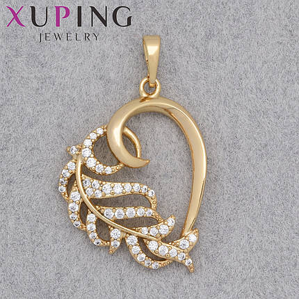 Кулон женский Xuping Jewelry медицинское золото 18К сердечко листочек с белыми камнями размер изделия 30х23 мм, фото 1