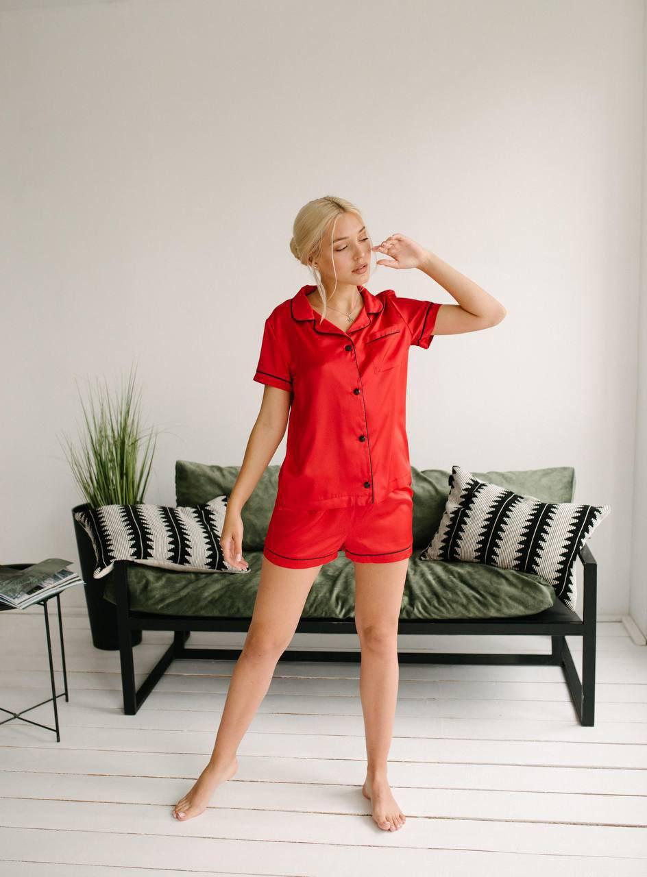 Жіноча шовкова домашня піжама, двійка кофта та шорти з якісної тканини шовк армані комплект для відпочинку, фото 1