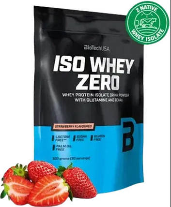 Чистий ізолят сироваткового білка BioTech Iso Whey Zero lactose free 500 г полуниця, фото 1