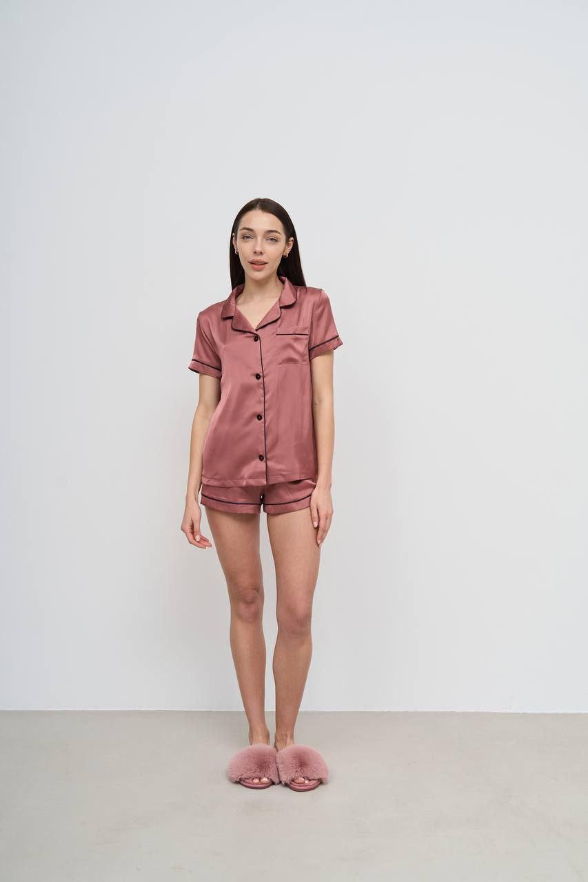 Жіноча шовкова домашня піжама, двійка кофта та шорти з якісної тканини шовк армані комплект для відпочинку, фото 1