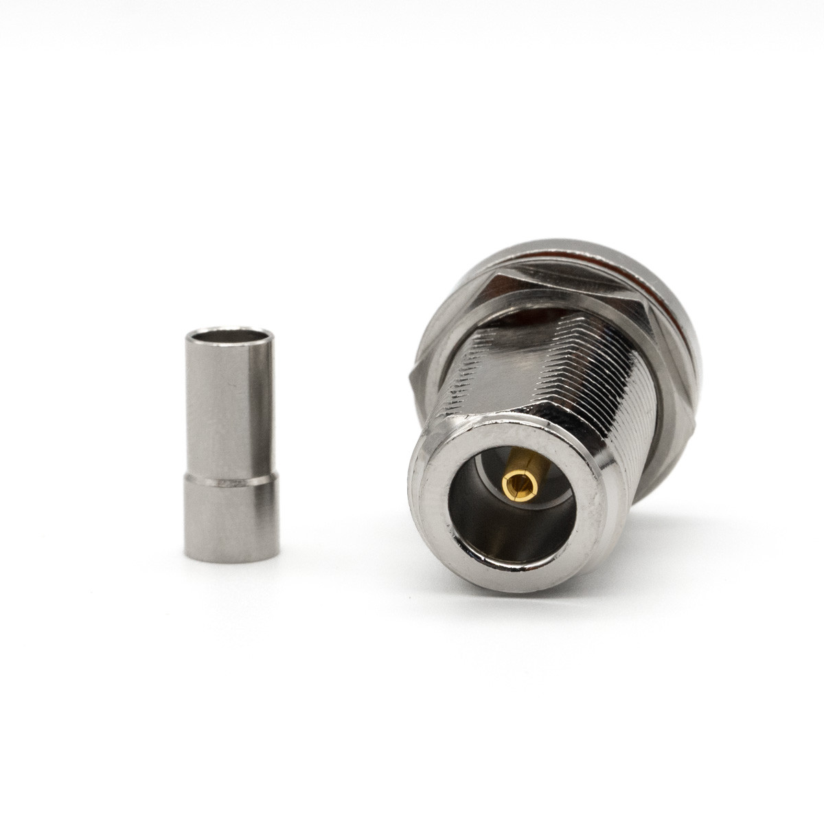 Роз'єм на корпус N Female (мама, розетка) гніздо під пайку і обтиск на кабель RG58 RG142 RG223 LMR 195 SYV50-3, фото 1