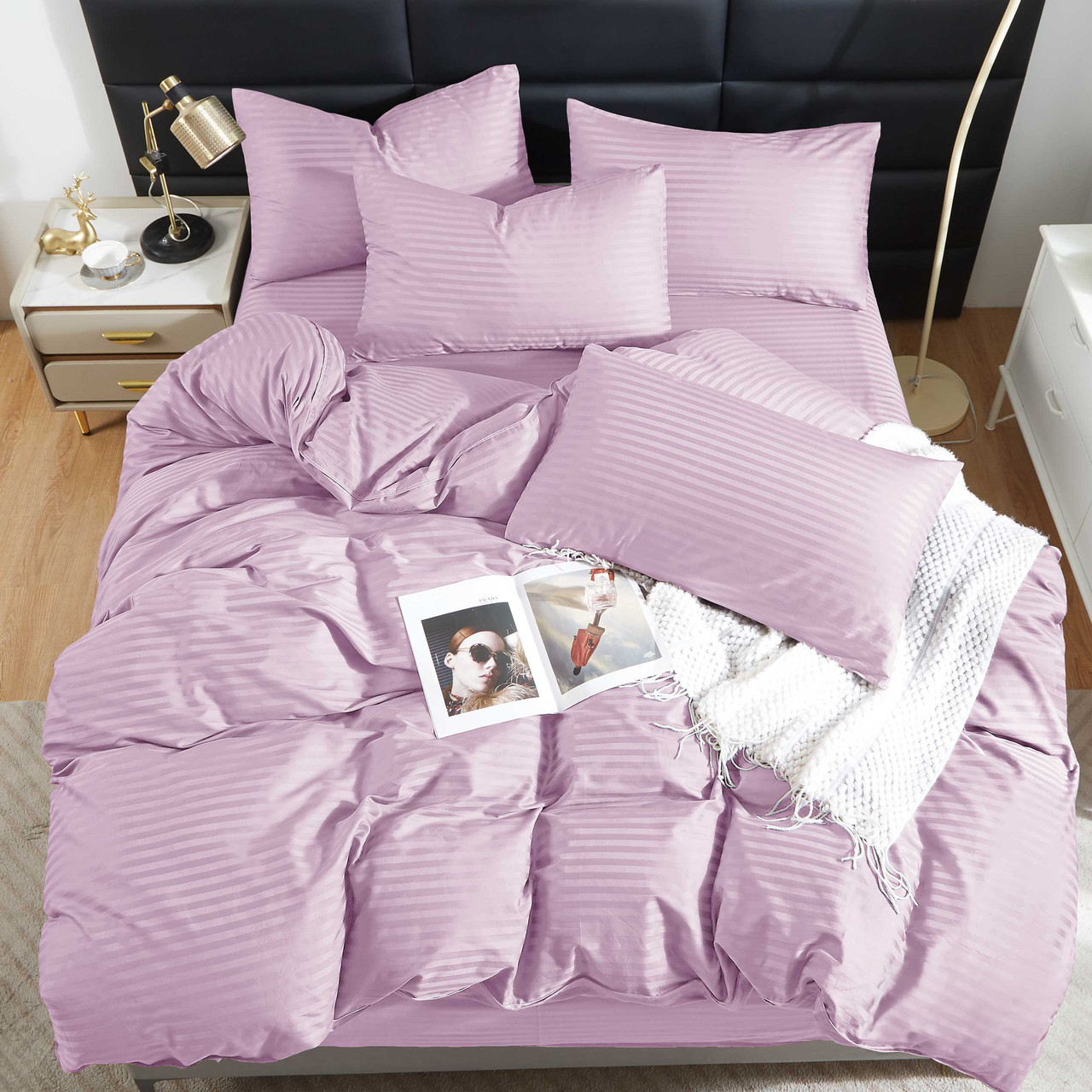 Простирадло 150х220 (Страйп Сатин) | Полуторне простирадло від виробника "Королева Ночі" | Рожево-бузковий страйп сатин, фото 1