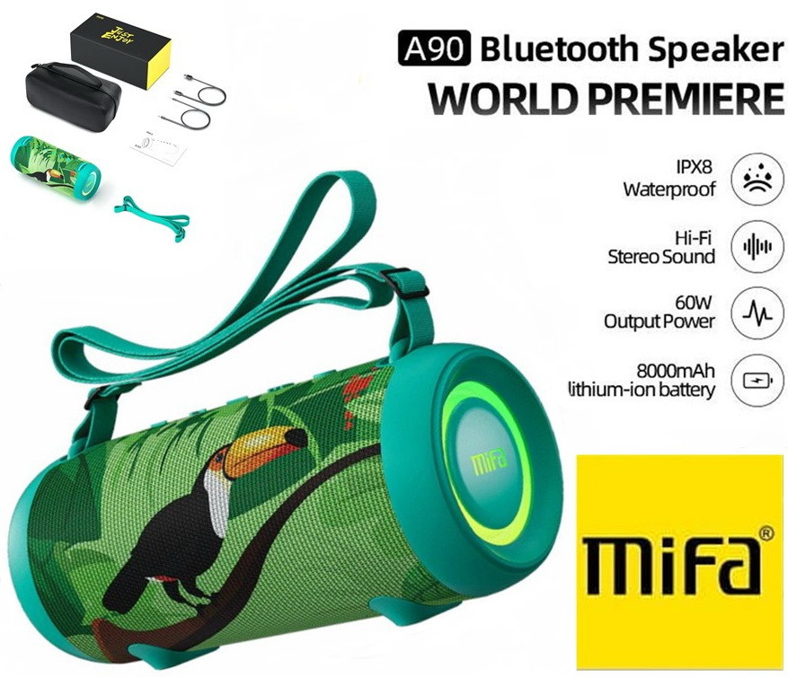 Портативна Колонка MIFA A90 Green 60Вт (60W, 8000mAh, IPX8, USB-C, AUX, Micro SD, Bluetooth 5, LED Dynamic)