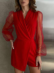 Елегантний червоний жіночий приталений жіночий комбінезон з шортами з креп-дайвінгу з сітковим довгим рукавом