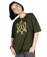 Футболка з вишивкою Тризуб хакі oversize р.L-XL. XXL-3XL