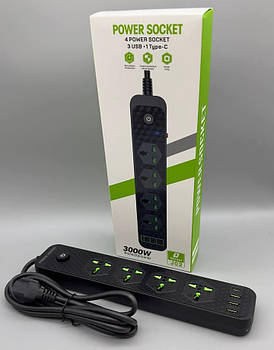 Мережевий фільтр J02 3000 W (4*220V+3USB+1*Type-C)