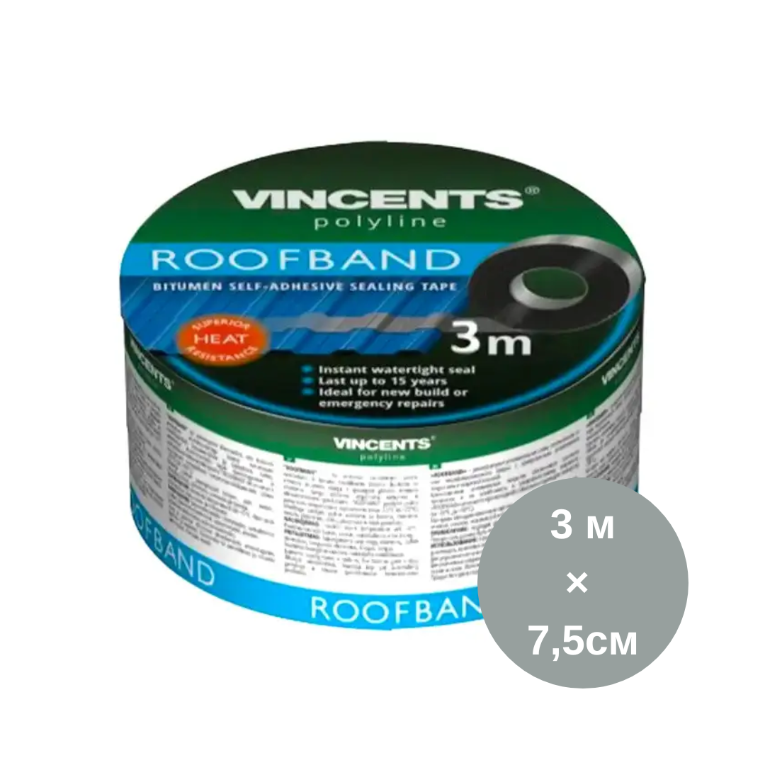 Бітумна стрічка для покрівлі та шиферу Vincents Roofband Сірий, 3, 7.5 см