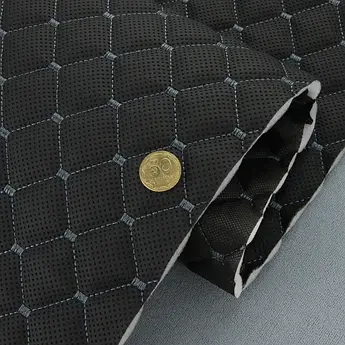 Прошитий шкірзам псевдо-перфорований "Ромб чорний" з сірою ниткою, на поролоні 7мм, шір.1,35м Туреччина