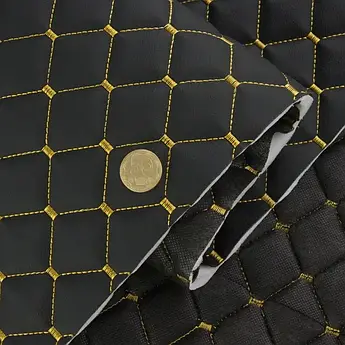 Стьобаний шкірозамінник "Ромб чорний" із золотою ниткою, на поролоні 7мм, флізеліні, шир.1,35м Туреччина